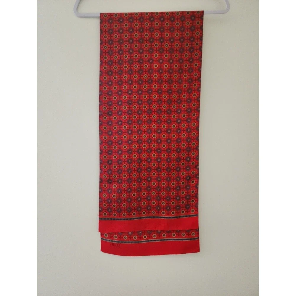 Club 7 Echo Silk Scarf Rectangular Logo Red Gray 11.5
